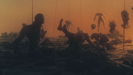 destroyed andorids on a junkyard in yellow light