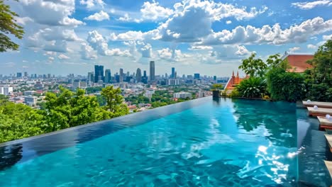 a swimming pool with lounge chairs and a view of the city