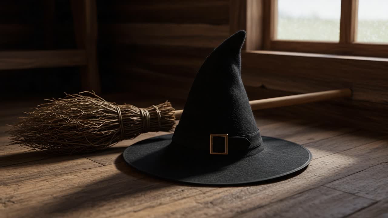 A Mystical Witch's Hat and Broomstick in a Rustic Cabin, Capturing the Essence of Enchantment and Magical Adventures in a Cozy Setting