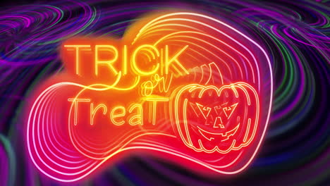 animation of trick or treat over neon lights on black background