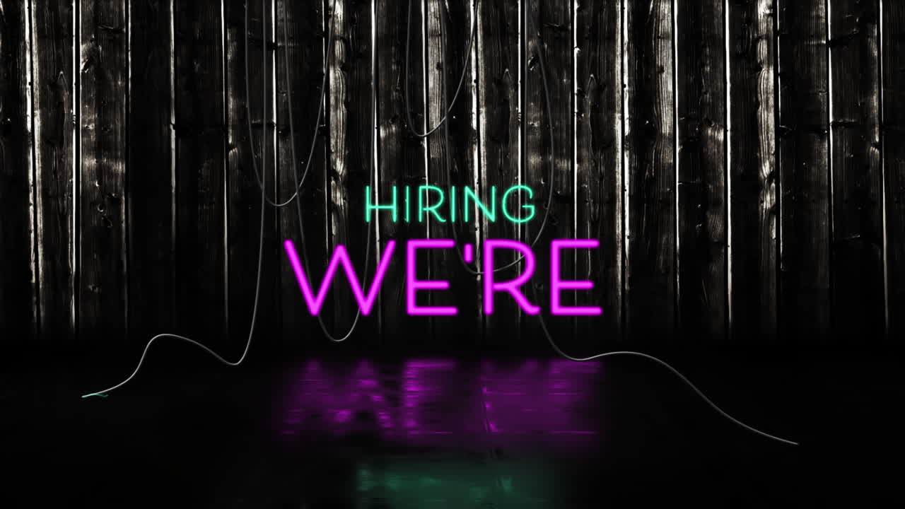 Animation of we're hiring text in pink and blue neon letters on black background
