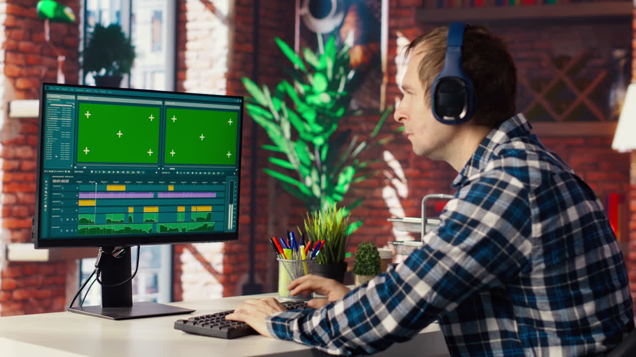 마우스를 사용하여 크로마 키 pc에서 영화 프로젝트 영상을 편집하는 사람