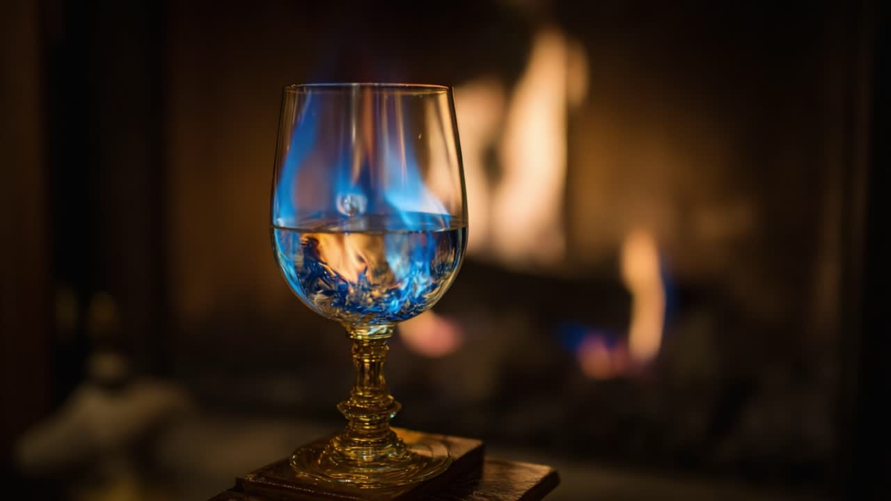 A Stunning Glass of Water Ignited by Flames Captured in a Cozy Ambiance, Creating a Mystical Contrast Between Fire and Liquid in a Warm Setting