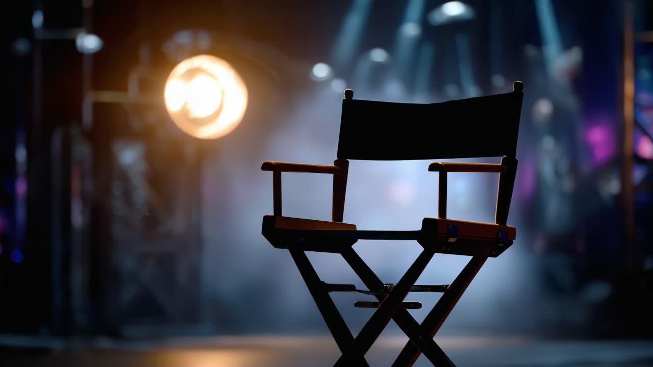 A cinematic director's chair sits in a dramatic spotlight against a smoky background, symbolizing creativity and the filmmaking process in an artistic setting