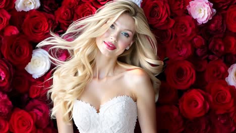 a woman in a wedding dress laying on a bed of red roses