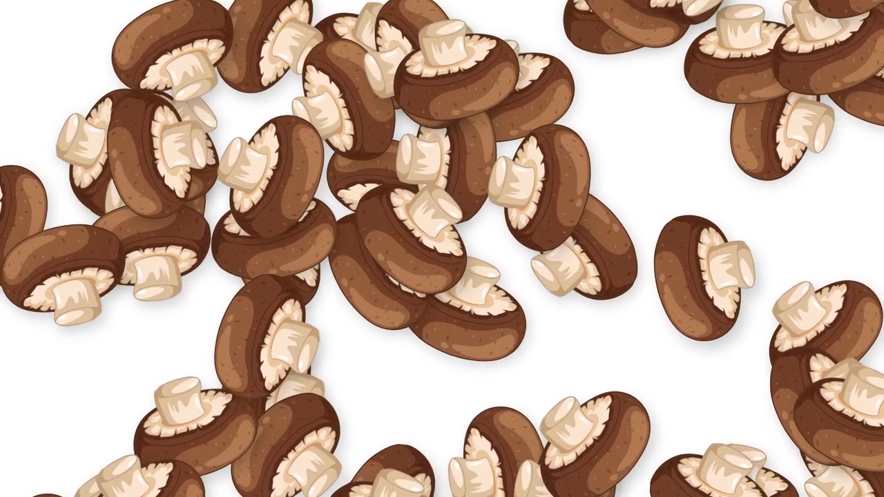 Cartoon brown cremini mushrooms fall vertically against a clean white background in continuous motion.