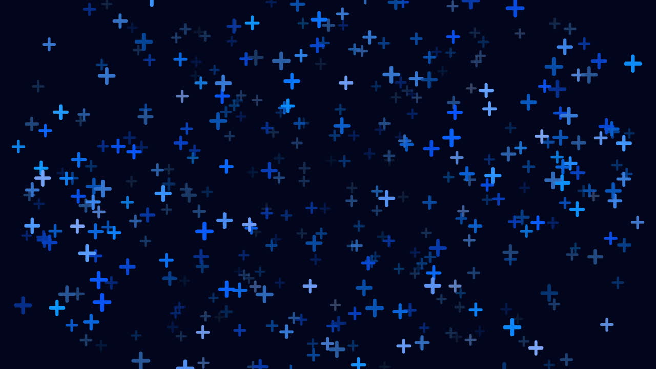 Animated blue plus signs drifting across a dark background, creating a clean abstract pattern for healthcare, technology, science, data visuals, and modern UI design