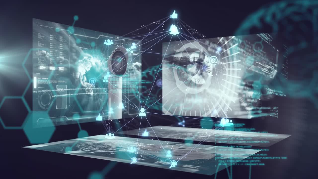 Animation of globe of digital icons and surveillance camera against ...