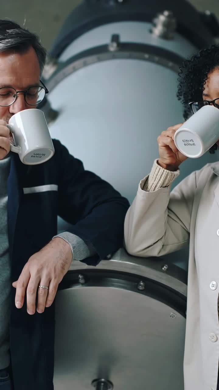 Kolleger drikker kaffe i en pause i et industrielt miljø