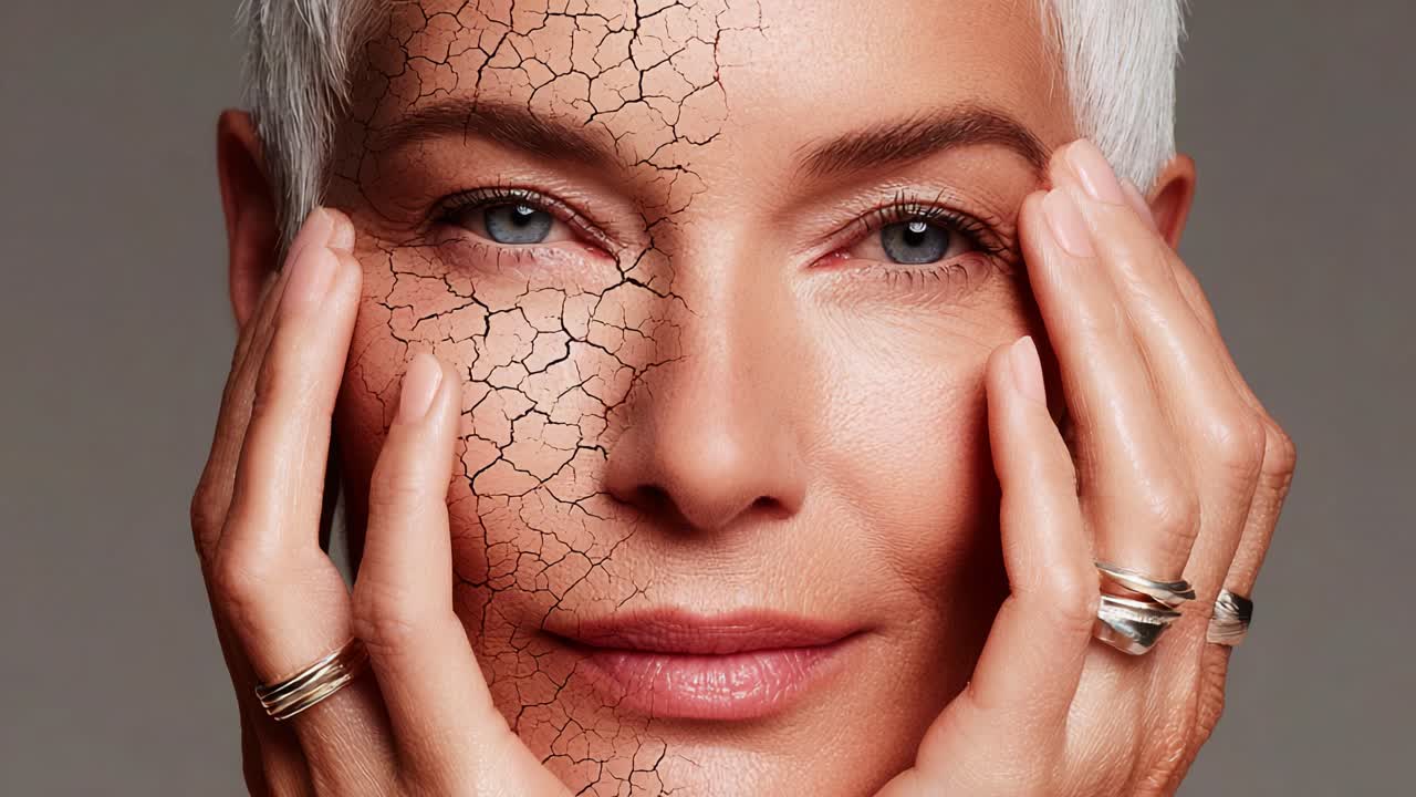 A striking portrait showcasing the contrast between youthful vitality and the effects of aging, highlighted by the intricately cracked skin texture on one side of the woman's face
