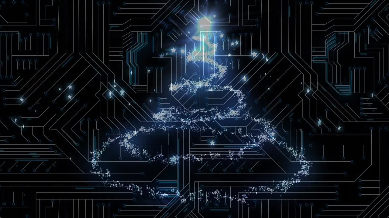 animación de una estrella cayendo sobre un circuito integrado sobre un fondo negro