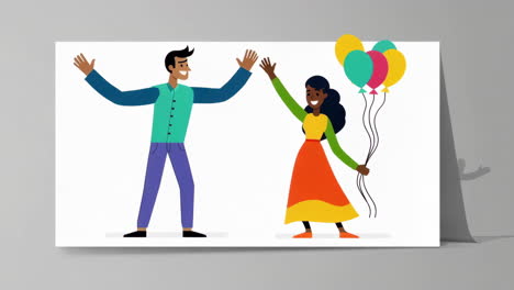 happy cartoon people celebrating with balloons