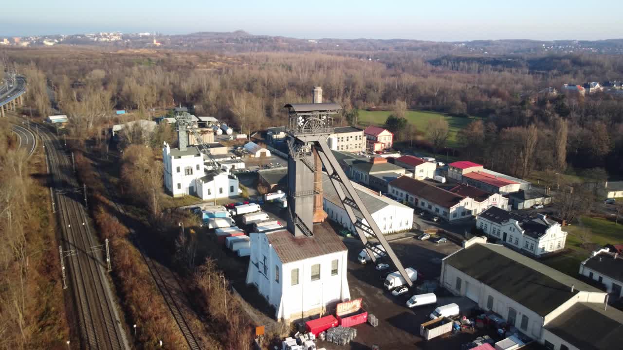 Non-operational Alexander Coal Mine By The Railway Tracks In Ostrava, Czech Republic. - aerial shot