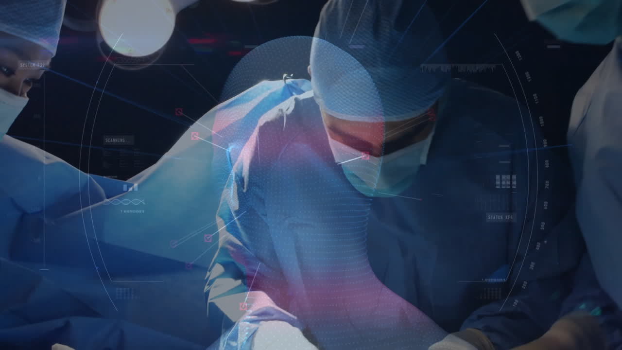 Surgeons operating in operating room under surgical lights, with animated HUD graphs plus readouts