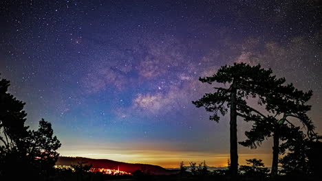 milky way band descends below clouds, night sky from mount olympos timelapse