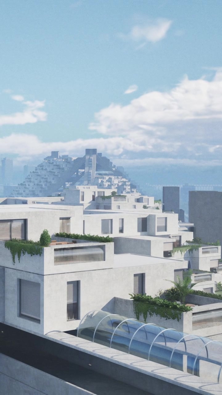 Edifici moderni sono progettati con tetti piatti vicino a una montagna sotto un cielo sereno.