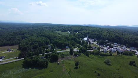 aerial view of a peaceful small town surrounded by lush green forest