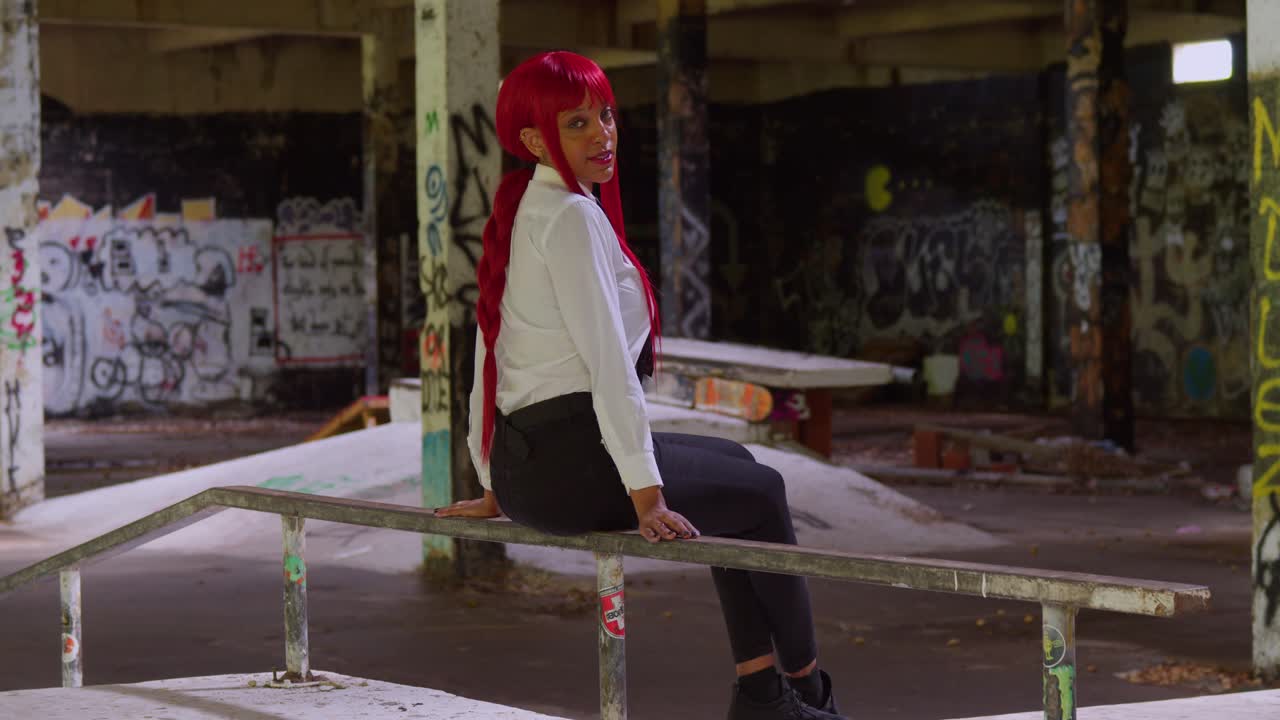 Una ragazza in elegante abbigliamento business-casual, camicia bianca e pantaloni neri, sta con la schiena rivolta a un muro di cemento pieno di graffiti in uno skate park affollato.