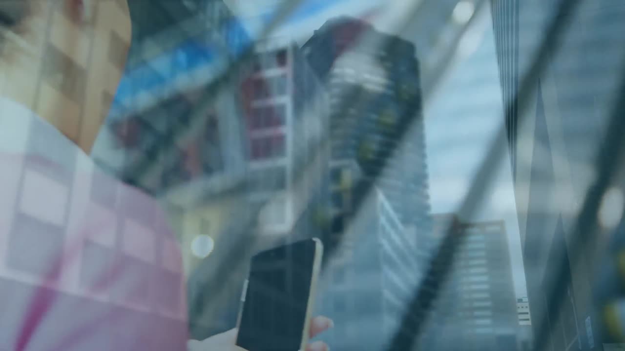 도시 풍경 위에서 스마트폰을 사용하는 사람의 애니메이션