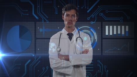 animación de un médico caucásico y procesamiento de datos sobre un fondo azul.
