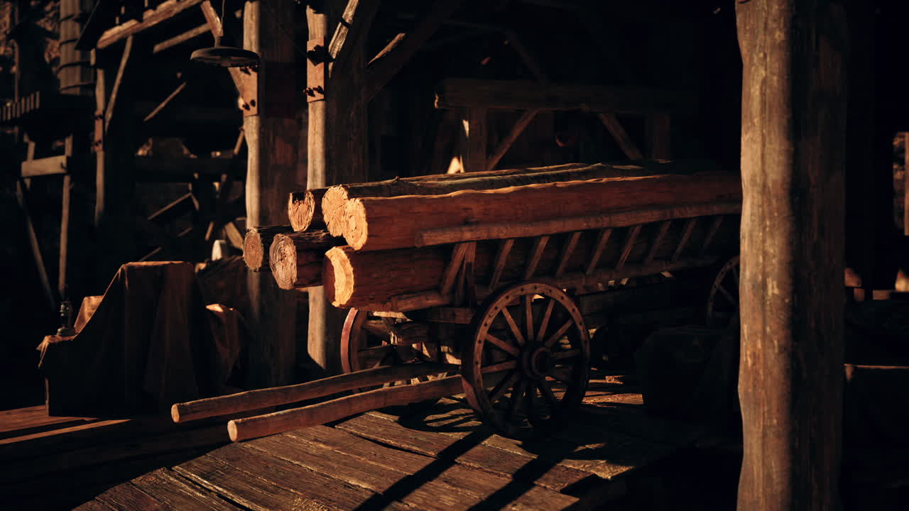 Old wooden cart loaded with logs in a rustic workshop setting