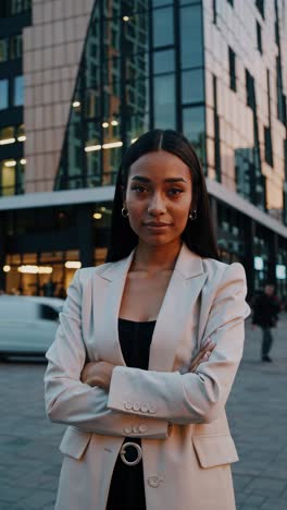 confident business woman in front of modern building