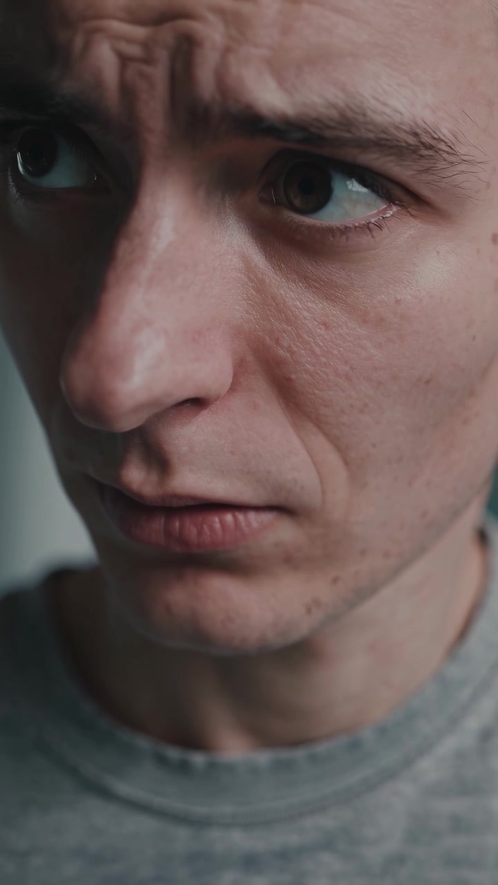 Retrato em Close-up de um Homem Mostrando Preocupação e Expressão Pensativa