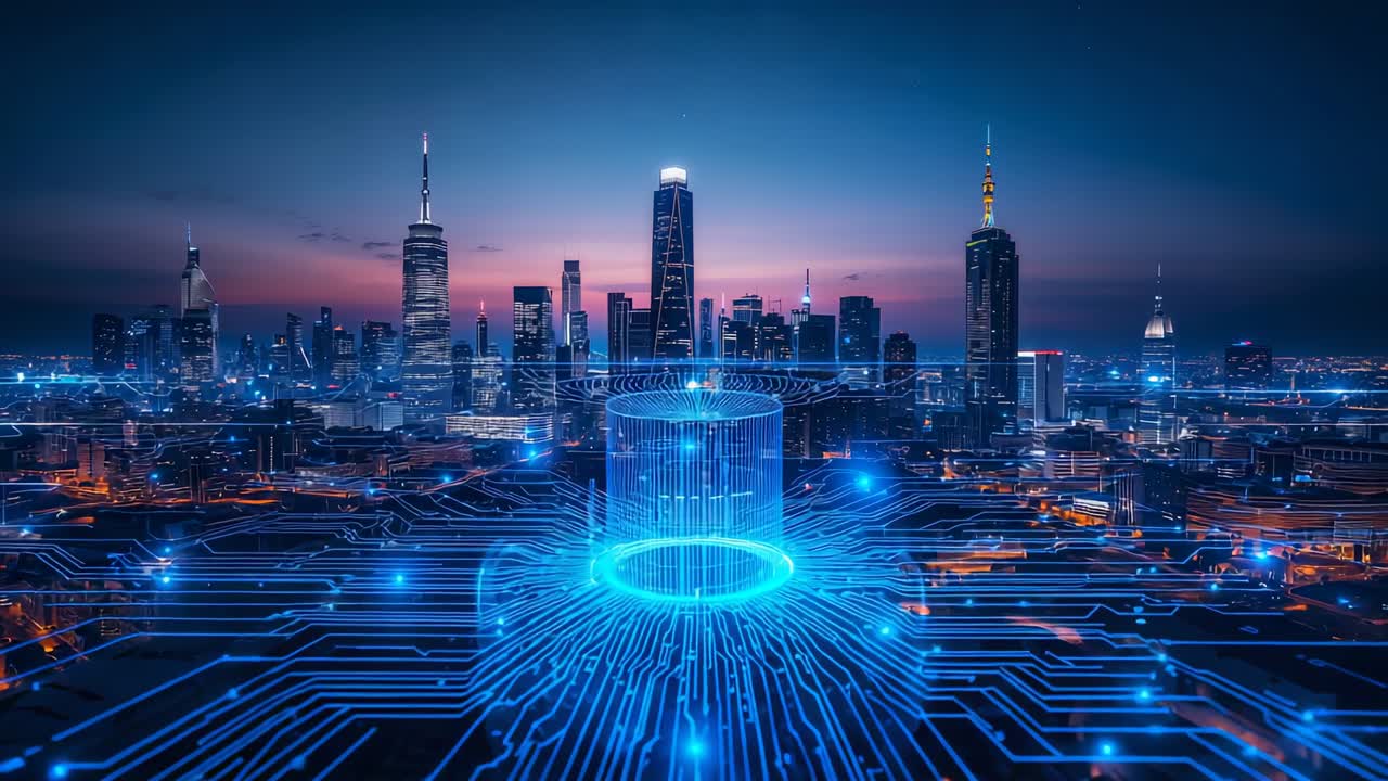 Glowing circuit lines converging on dusk grid, revealing rotating hologram cylinder with lit towers