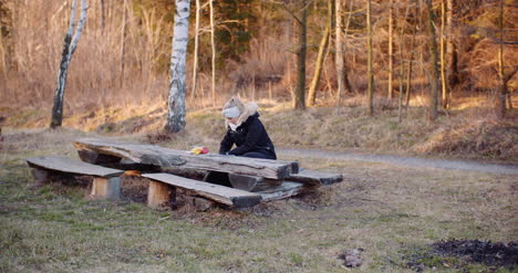 female tourist taking brake in mountains and use digital tablet