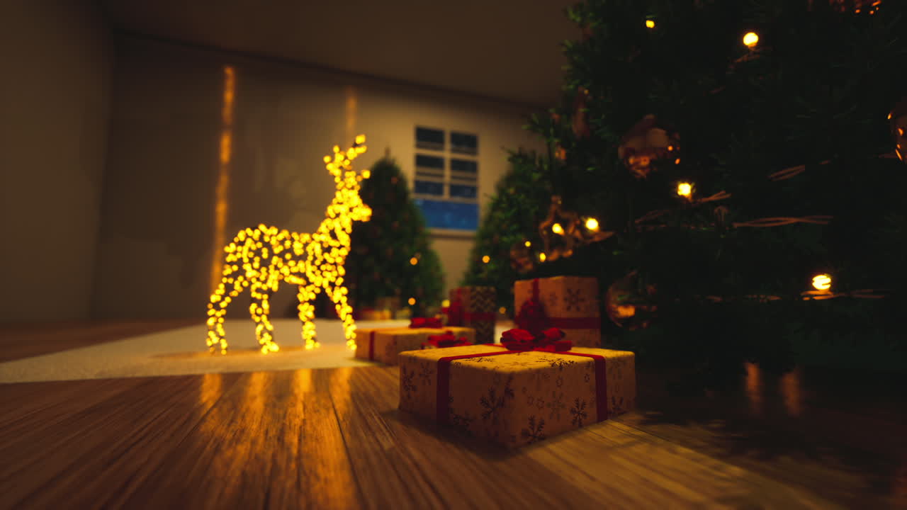 Beautifully decorated room ready for christmas with gifts and lights