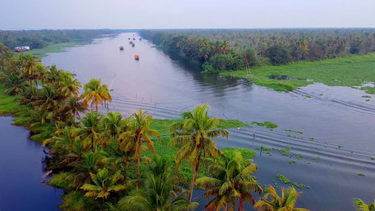 Vista aerea delle backwaters del Kerala con case galleggianti tradizionali che navigano lungo il fiume fiancheggiato da palme ad Alappuzha, India