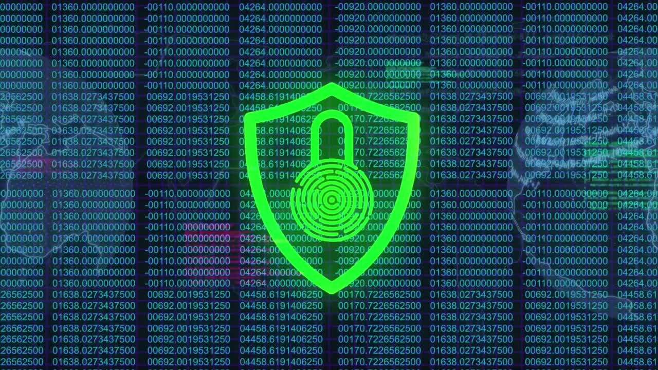 animazione dell'elaborazione dei dati del lucchetto e della rete di connessioni su sfondo scuro