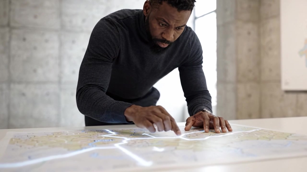 Focused Individual Analyzing Detailed Map for Strategic Planning and Navigation Insights in Modern Workspace Environment with Concrete Wall Aesthetics