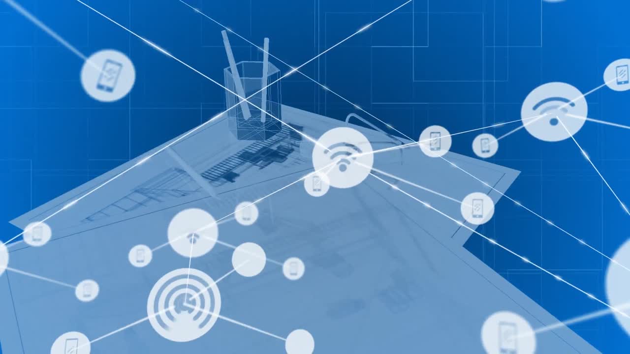 계획과 함께 건축가의 책상 위에 아이콘과 연결 네트워크의 애니메이션