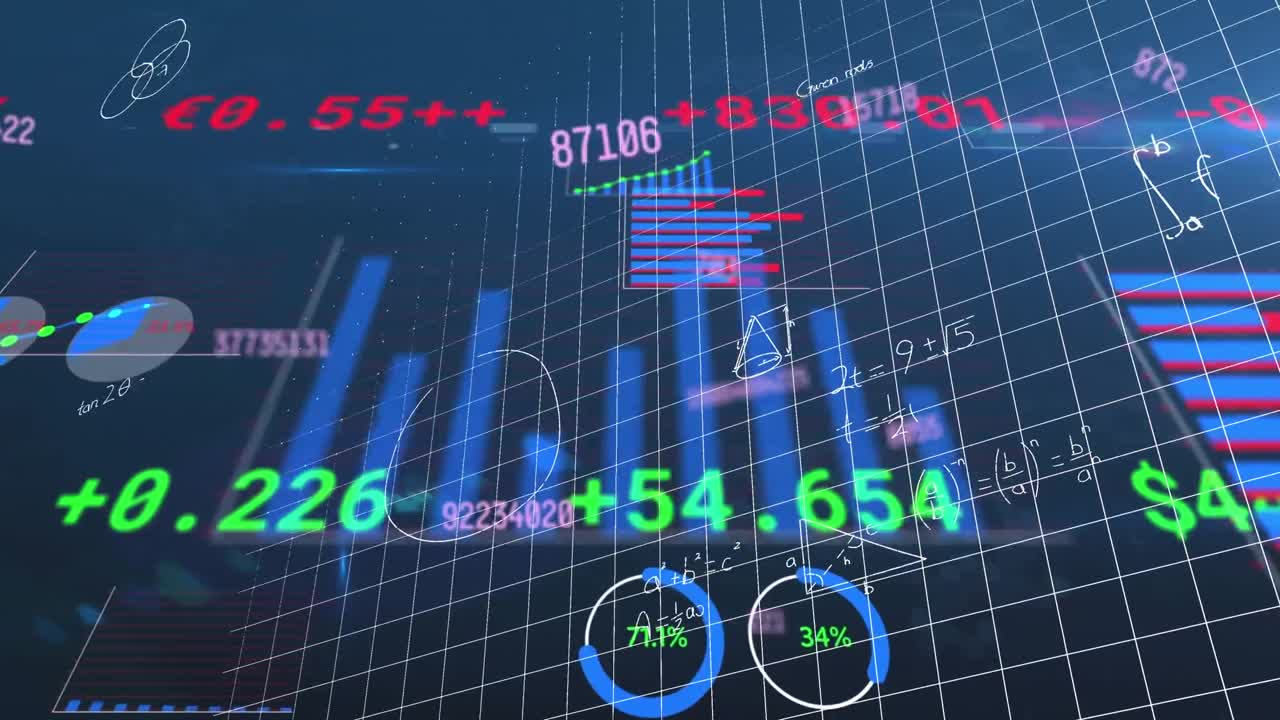 Animation of numbers, graphs and financial data on navy background