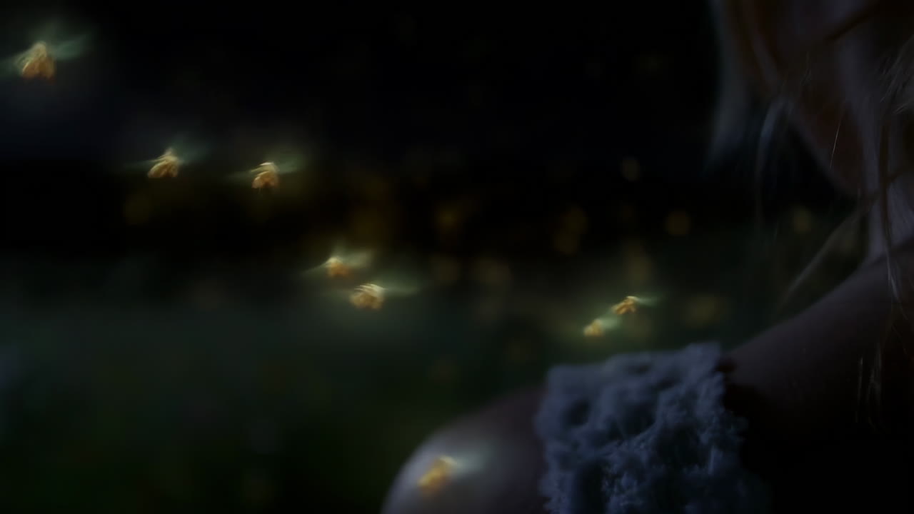 A person watching fireflies in a magical night meadow