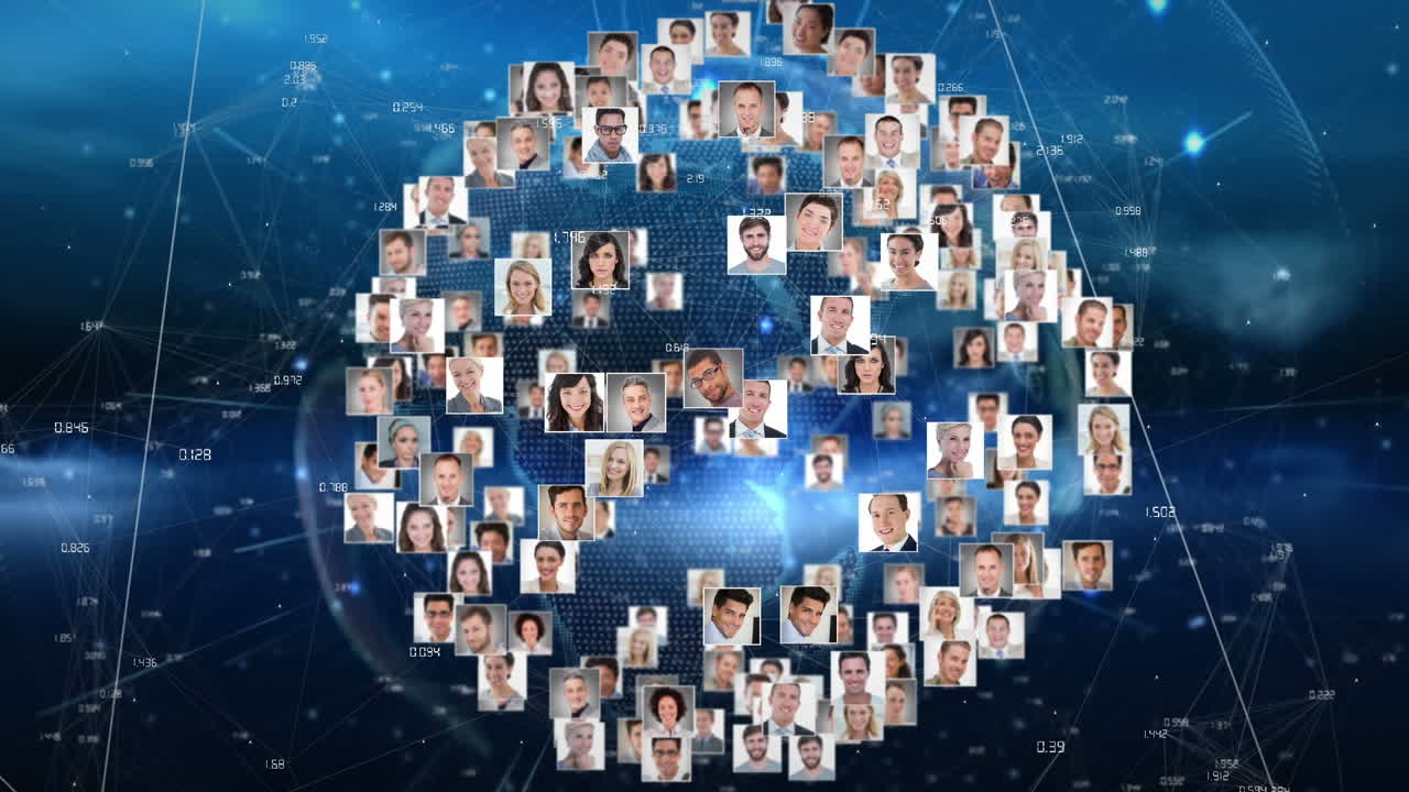 파란색 배경에 사람과 연결 네트워크를 가진 아이콘의 애니메이션