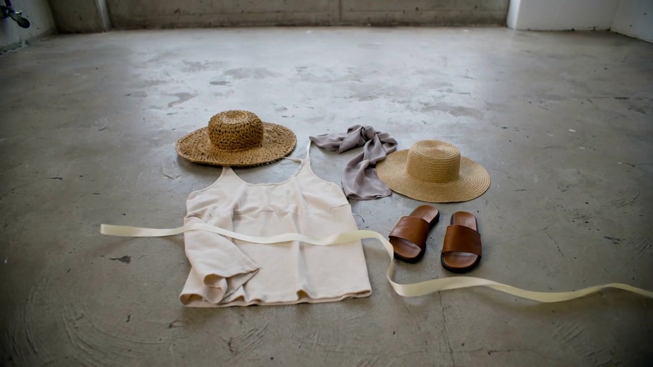 Entering ribbon sweeping across flat-lay at studio floor, crossing camisole, scarf, woven straw hat