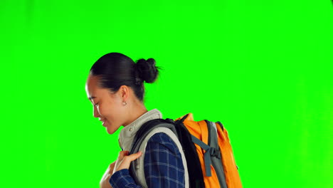 green screen, hike and asian woman with backpack