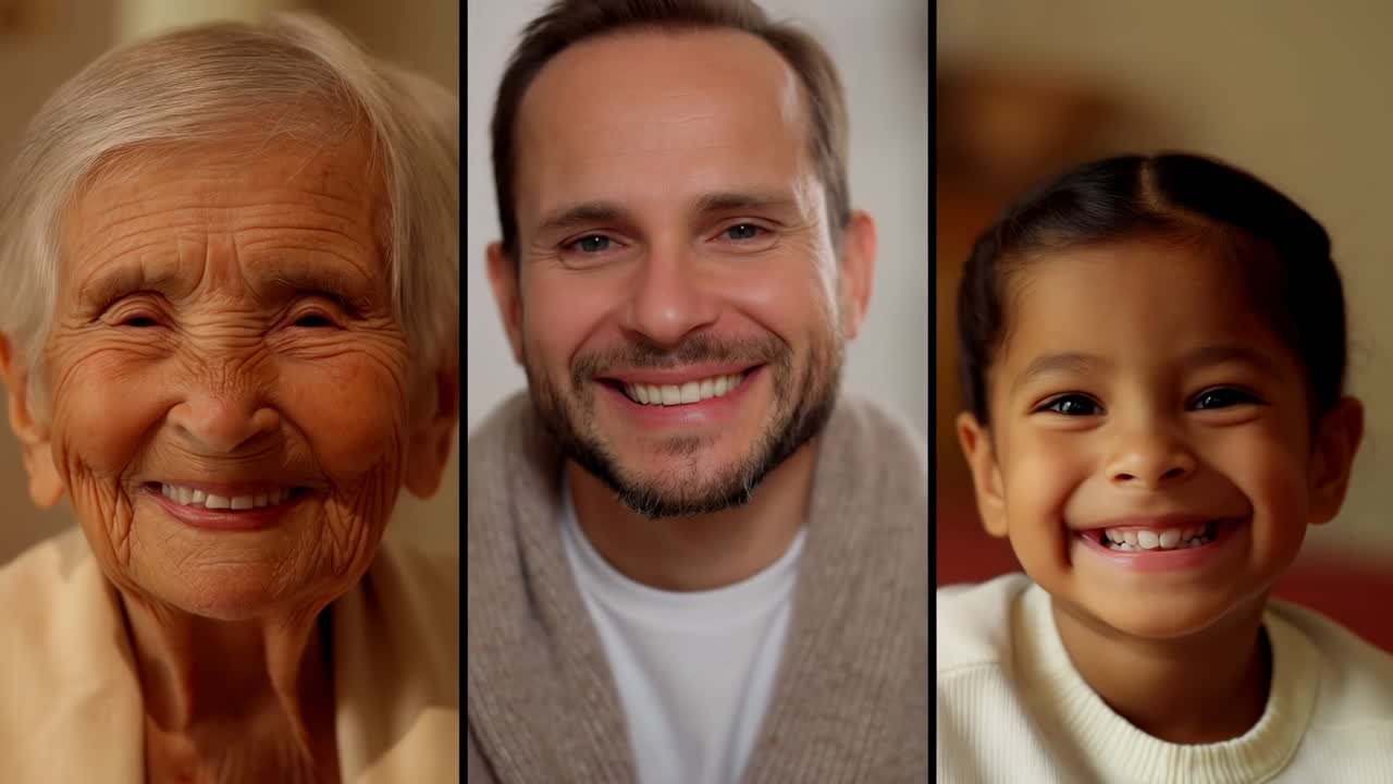 Tres retratos sonrientes: mujer mayor, hombre, niño en una cálida sala de estar. Primeros planos que muestran expresiones genuinas.