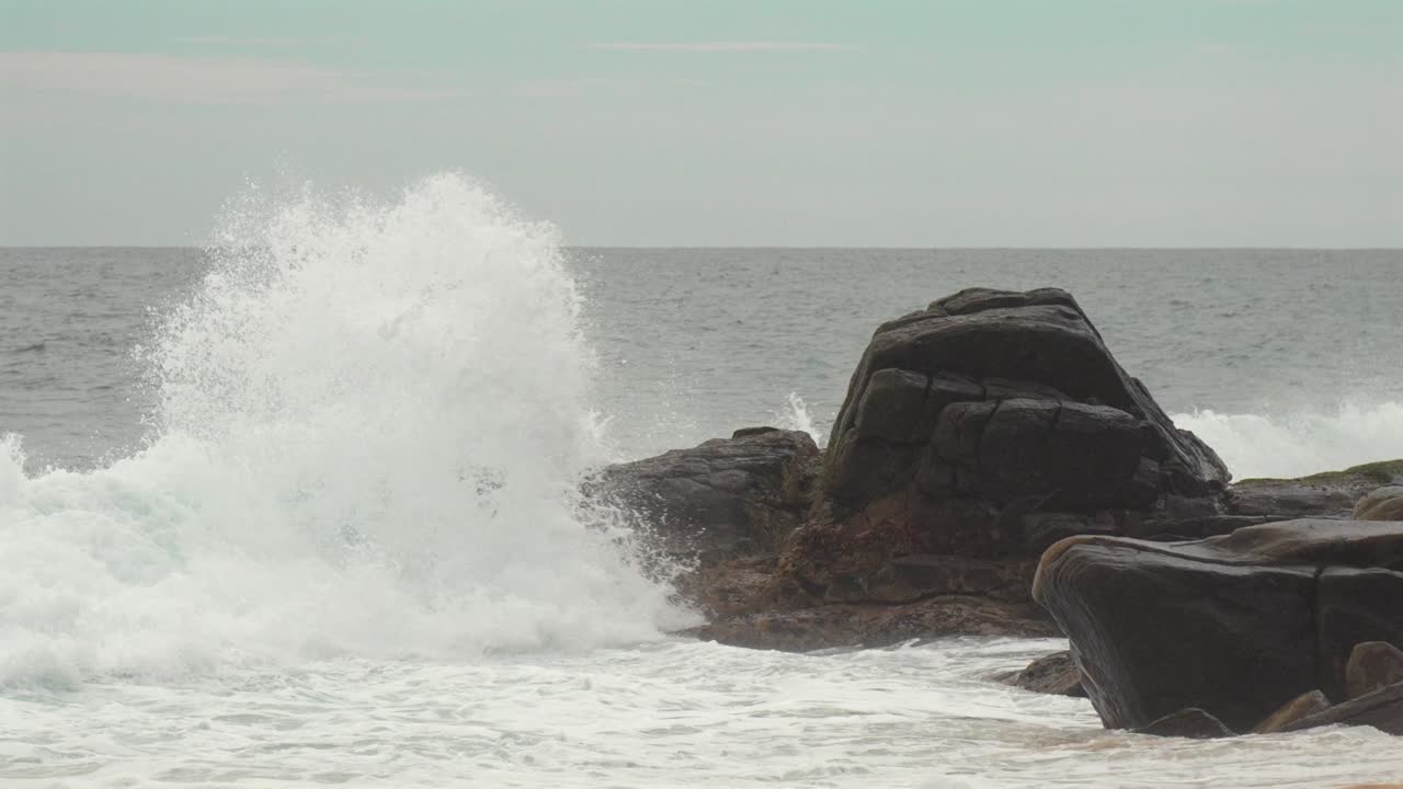 Rocky shore waves crash on Mirissa coast, evoking calm and natural strength