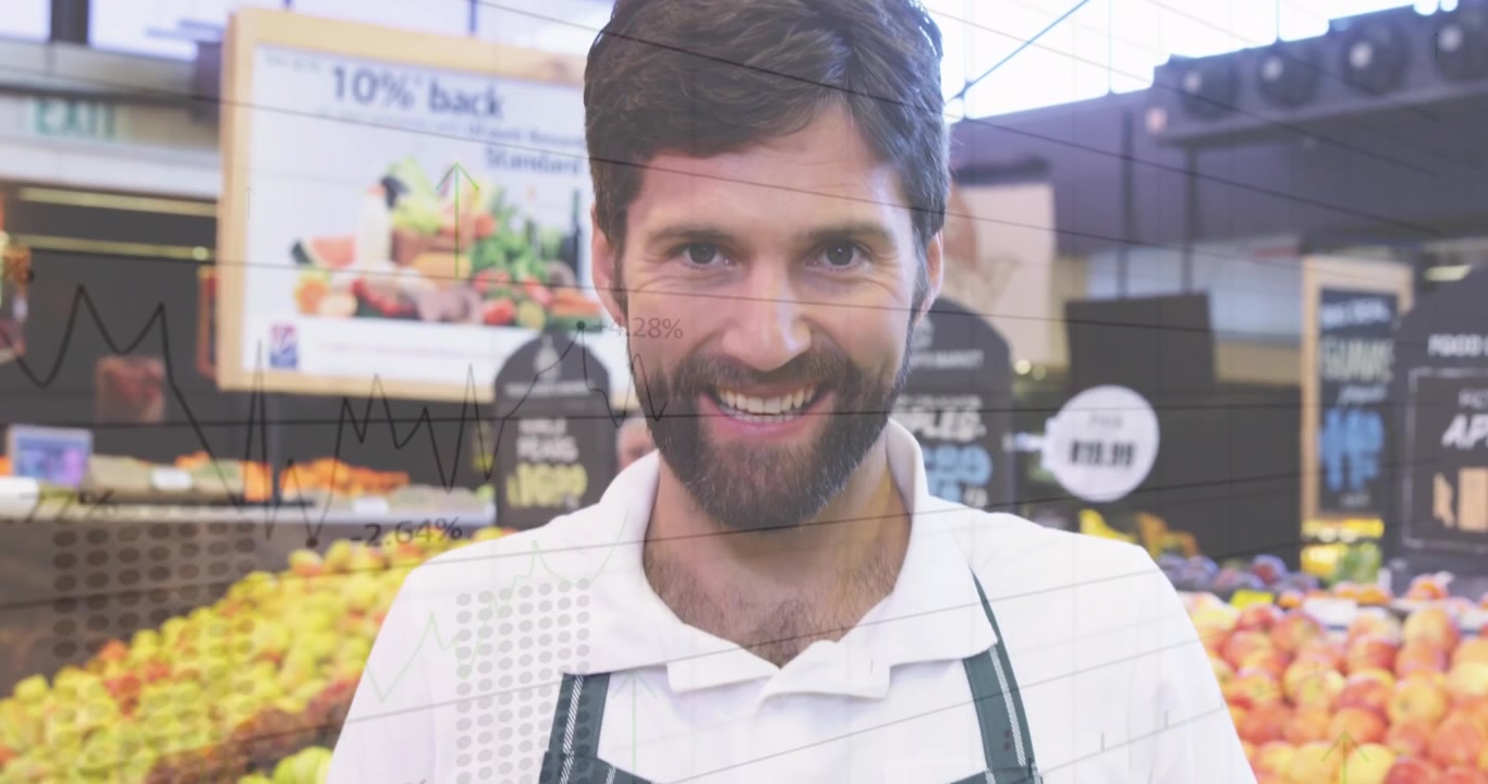 Animación de procesamiento de datos financieros sobre un dependiente caucásico en un supermercado.