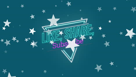 animation of like share subscribe text over stars on blue background