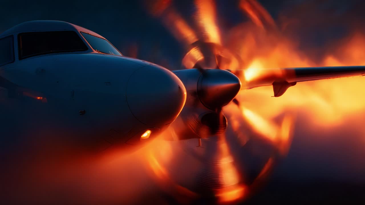 Intensiv närbild av ett propellerdrivet flygplan i dynamisk rörelse, som fångar det livfulla skenet från motorn och propellern mitt i ett mystiskt omgivningsljus