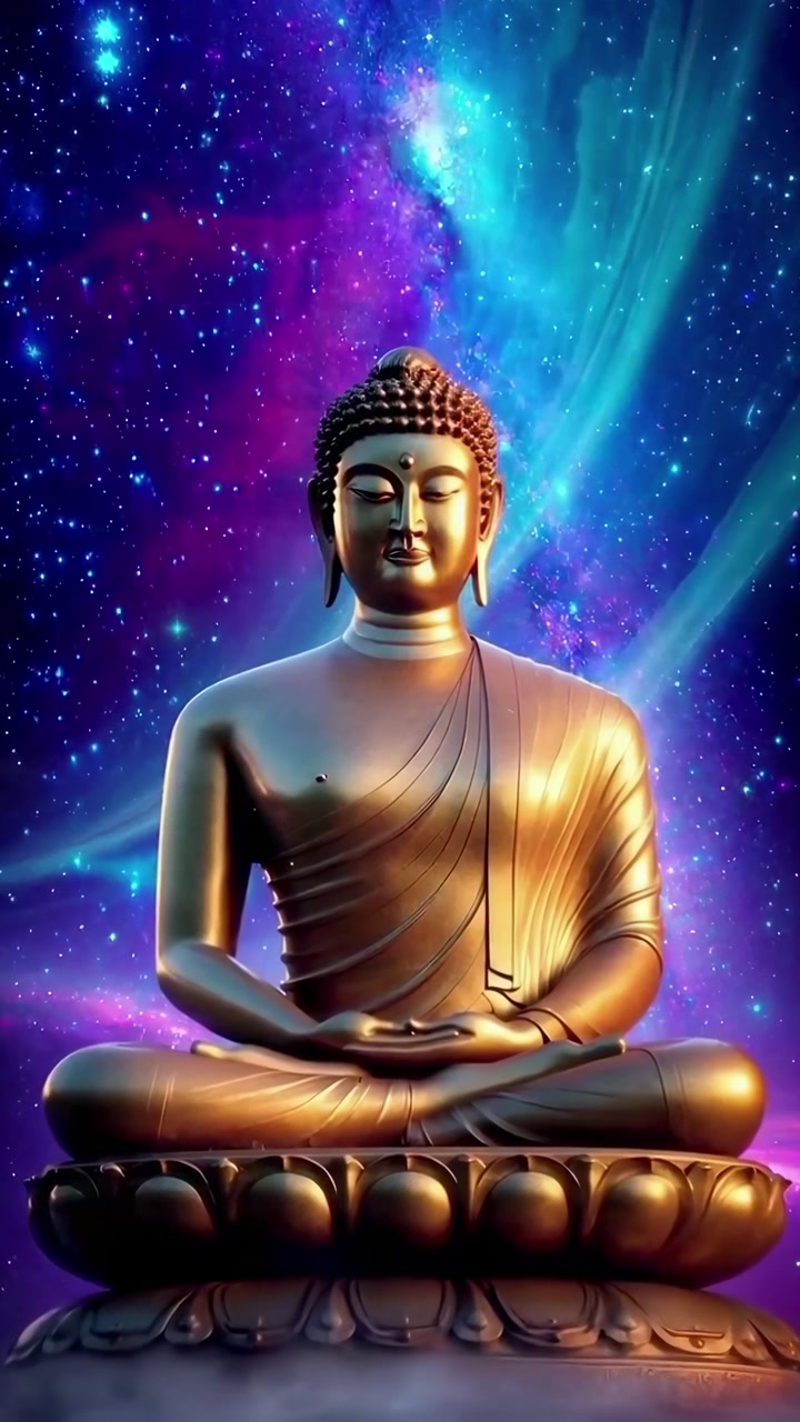 Statua dorata di Buddha che medita in uno sfondo di galassia cosmica