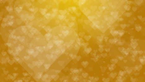golden blurred background with flying hearts and beautiful bokeh. yellow romantic looping motion graphics.