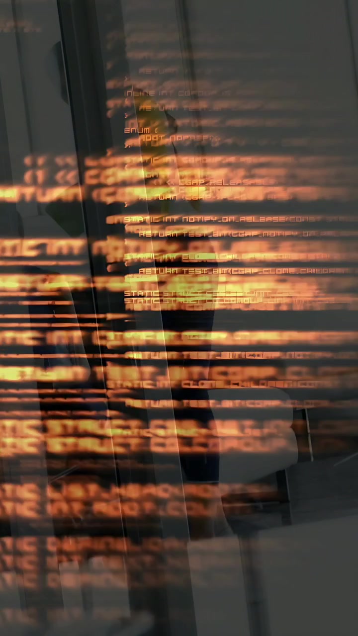 Vertikal video: Kvinde læner sig op ad glas, mens mand rejser sig op, overlay fejer henover, viser kontorchat