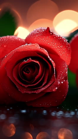 red roses adorned with water droplets. three vibrant red roses glisten with water droplets against a shimmering, blurred background of warm lights.