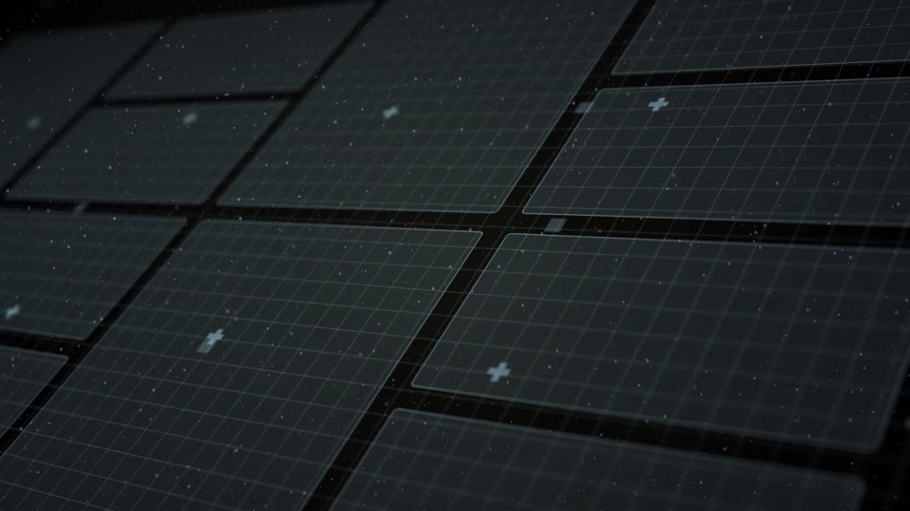 On start radar HUD rotating, bars pulsing, globe rotating, sparks drifting, visualizing data