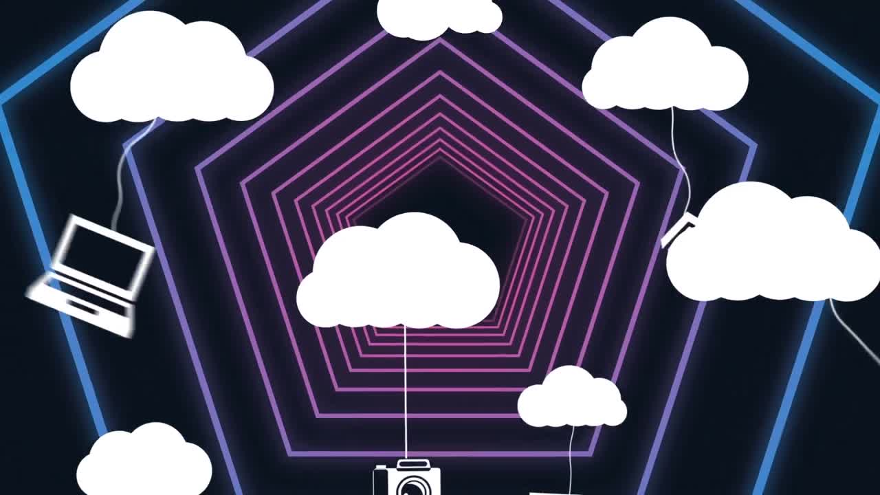Animation of clouds with icons over neon pentagons